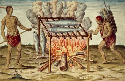 Indigeni Taino che cucinano pesce, incisione a colori di Theodor de Bry (1528-1598) da un dipinto di John White, da Breve e veritiero resoconto della nuova terra trovata della Virginia da Theodore de Bry