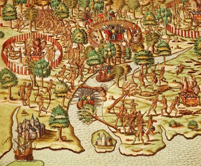 Tecniche di assedio e attacco, incisione di Theodor de Bry (1528-1598), da Americae tertia pars da Theodore de Bry