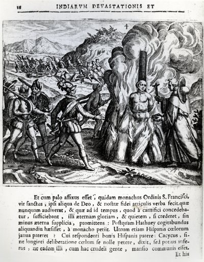 Il rogo di Hatuey da parte degli spagnoli a Yara, Cuba, il 2 febbraio 1512, 1664 da Theodore de Bry