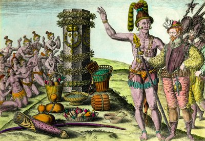 I floridiani arrivarono alla colonna eretta dal navigatore francese Jean Ribault (1520-1565) della prima spedizione in Florida Incisione da Storia d