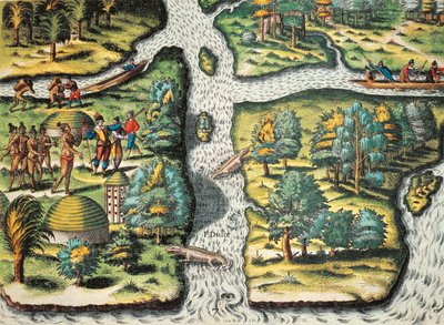 I francesi aiutano i nativi a procurarsi il cibo da Theodore de Bry