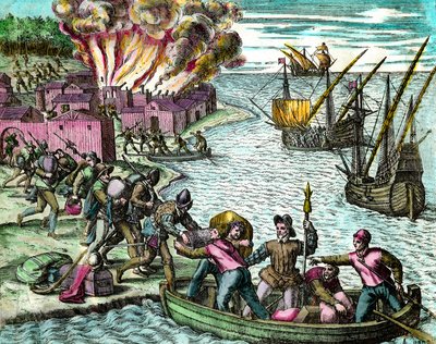 I francesi saccheggiano e bruciano la città di Chioreran. Incisione da “Storia dell