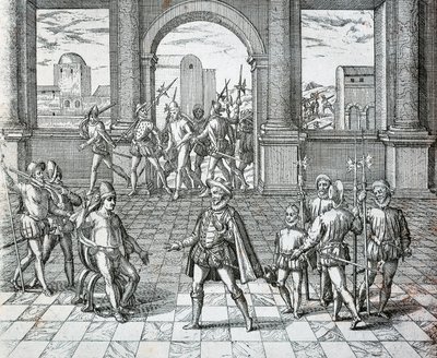 Il re Inca Atahualpa catturato dagli spagnoli a Cajamarca, illustrazione da Storia Americana da Theodore de Bry