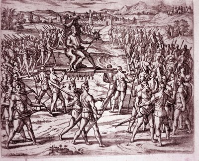 Il re Inca, Atahualpa (o Atabaliba), con uno scettro a forma di sole, viene portato su una lettiga per incontrare Francisco Pizarro (incisione) da Theodore de Bry