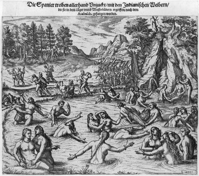 Gli spagnoli abusano delle donne indiane dopo la cattura del re Atahualpa (c.1502-33) nel 1532 da Theodore de Bry