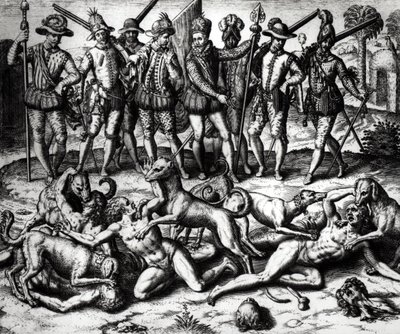 I cani di Vasco Nunez de Balboa attaccano gli indiani da Theodore de Bry