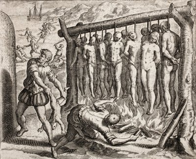 Tredici vittime impiccate e bruciate, rappresentazione dei crimini inflitti agli indiani dai coloni spagnoli da 