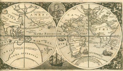 Pagina del titolo di Americae Pars VIII con un ritratto di Francis Drake e la sua nave, il Golden Hind da Theodore de Bry