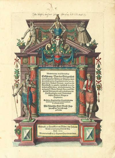 Pagina del titolo della prima edizione in tedesco della prima parte di "Grandi viaggi: America", 1590 da Theodore de Bry