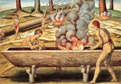 Indigeni della Virginia che costruiscono una piroga da Theodore de Bry