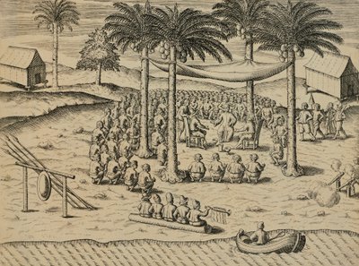 Accoglienza degli indigeni africani, illustrazione da Indiae Orientalis di Antonio Pigafetta da Theodore de Bry