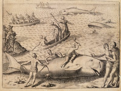 Caccia alla balena vicino a Spitsbergen, incisione di Theodor de Bry da India Orientalis da Theodore de Bry