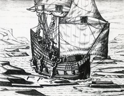 Nave di William Barents durante la terza spedizione olandese alla ricerca del Passaggio a Nord-Est, incisione di Theodor de Bry da Theodore de Bry