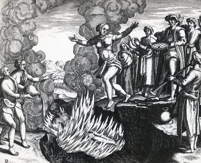 Donna che si getta sulla pira del marito, incisione da Theodore de Bry