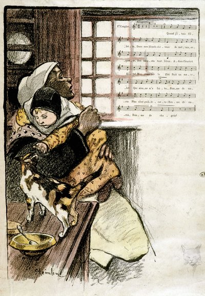 Bambino tra le braccia di una donna che gioca con un gatto, ill. Steinlen per spartito musicale, 19° secolo da Théophile Alexandre Steinlen