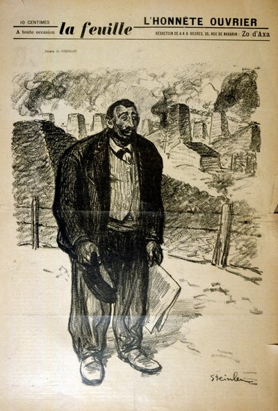 Disegno di un povero operaio di fabbrica contro un paesaggio industriale, di Alexandre Steinlen (1859-1923), un pittore e incisore Art Nouveau svizzero-francese da Théophile Alexandre Steinlen