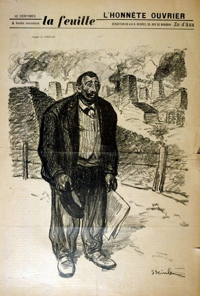Disegno di un povero operaio di fabbrica contro un paesaggio industriale da Théophile Alexandre Steinlen