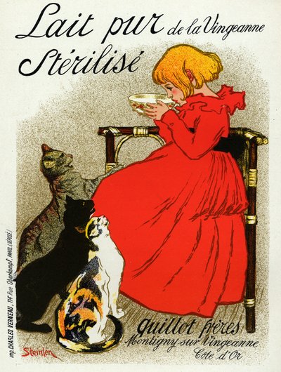 Cibo e bevande. Latte di Vingeanne. Bambina con gatti. Poster di Steinlen, Francia, c.1890 da Théophile Alexandre Steinlen