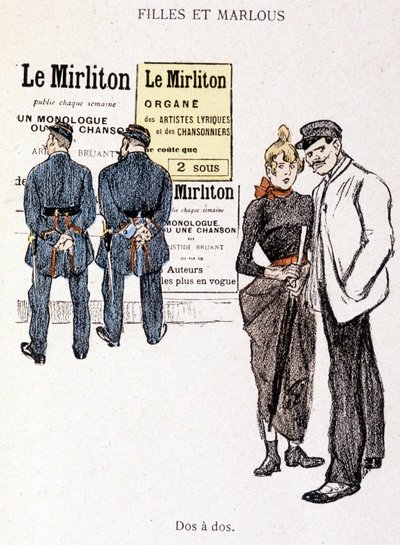 Ragazza e Marlou: un magnaccia e una prostituta dietro due poliziotti. In "In Life" di Steinlen da Théophile Alexandre Steinlen