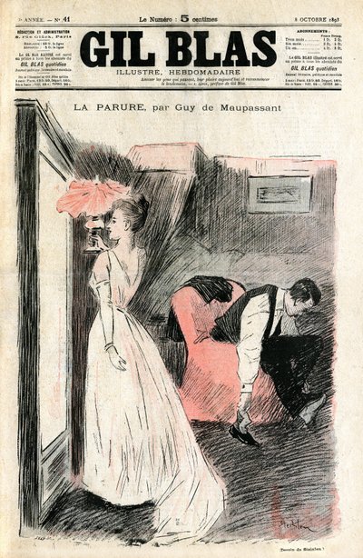 Madame Loisel si guarda allo specchio mentre suo marito le toglie le scarpe da Théophile Alexandre Steinlen