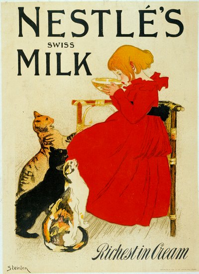 Pubblicità Nestlé: "Latte svizzero Nestlé". Una ragazza beve una ciotola di latte davanti a gatti invidiosi da Théophile Alexandre Steinlen