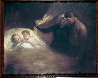 Povera gente. Una coppia di genitori di modeste condizioni sussurra guardando i loro figli addormentati. Dipinto di Theophile Alexandre Steinlen (1859-1923). 1903 Parigi, casa Victor Hugo da Théophile Alexandre Steinlen