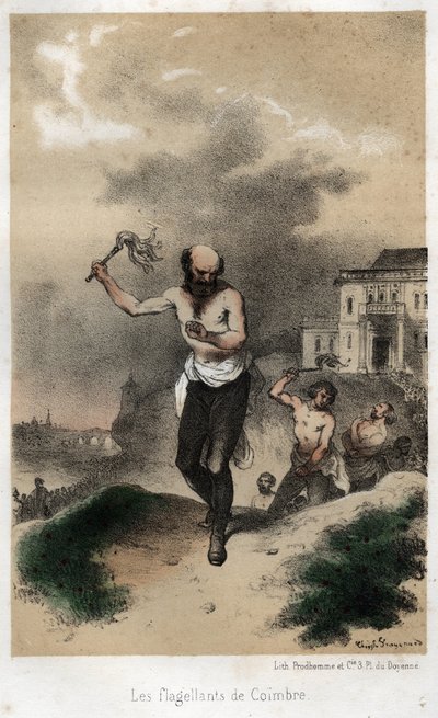 I flagellanti di Coimbra: i Gesuiti di Coimbra in Portogallo fanno penitenza per i loro peccati in pubblico flagellandosi intorno al 1560. Incisione del 1845 in "La storia drammatica e pittoresca dei Gesuiti dalla fondazione dell
