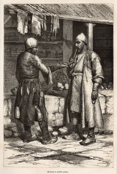 Un mercante persiano e un fabbricante di muli in un villaggio dell