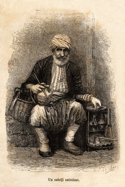 Un venditore di caffè (cafedji) itinerante, nel bazar di Trebisonda (attuale Trabzon, sulla costa del Mar Nero), incisione da un disegno del narratore, illustrante un viaggio a Lazistan e Armenia, del 1869, di Theophile Deyrolle, pubblicato in "Le tour du  da Theophile Louis Deyrolle