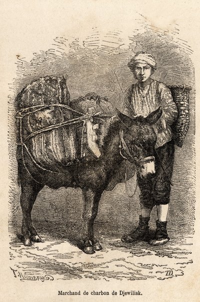 Un venditore di carbone, con il suo asino, a Djewilisk (Anatolia settentrionale), inciso dopo un disegno del narratore, illustrando un viaggio in Lazistan e Armenia, del 1869, di Theophile Deyrolle, pubblicato in 