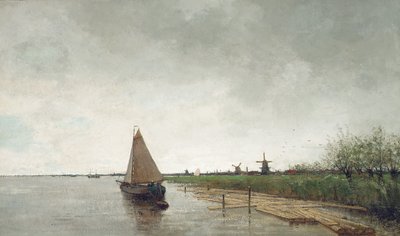 Un paesaggio fluviale con imbarcazioni, una città oltre da Theophile de Bock