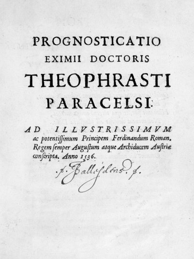 Pagina del titolo di Prognosticatio Eximii Doctoris Paracelsi, 1536 da Theophrastus Bombastus von Hohenheim Paracelsus