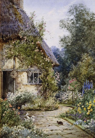 Un giardino di cottage con un gatto in primo piano; e un bordo di cottage in estate da Theresa Sylvester Stannard