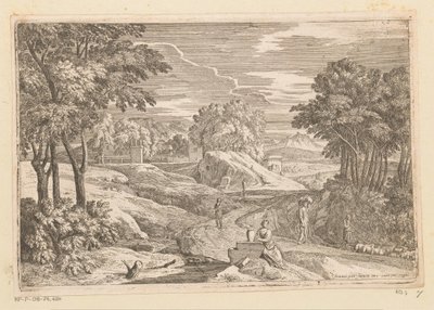 Paesaggio arcadico con una donna seduta vicino a un vaso e altre figure (Suite de Paysages) da Théodore