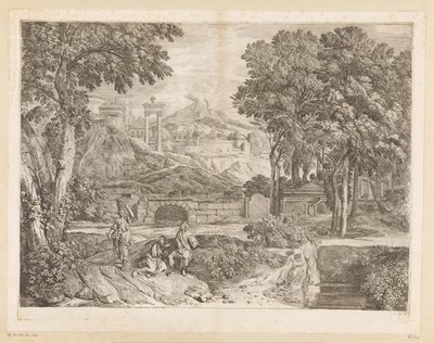 Paesaggio arcadico con due uomini e una donna che porta frutta da Théodore