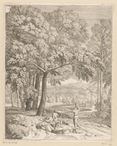 Paesaggio arcadico con due uomini e una donna con un cesto da Théodore