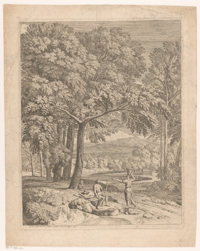 Paesaggio arcadico con due uomini e una donna con un cesto da Théodore