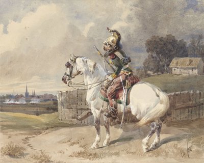 Dragone francese su un cavallo bianco, rivolto a sinistra, di profilo da Théodore Fort (signed by artist)