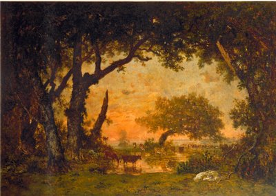 Uscita dalla foresta a Fontainebleau, tramonto da Pierre Etienne Theodore Rousseau