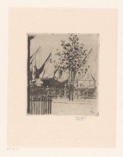 Veduta di strada con figure vicino a un porto da Théodore Roussel (signed by artist)