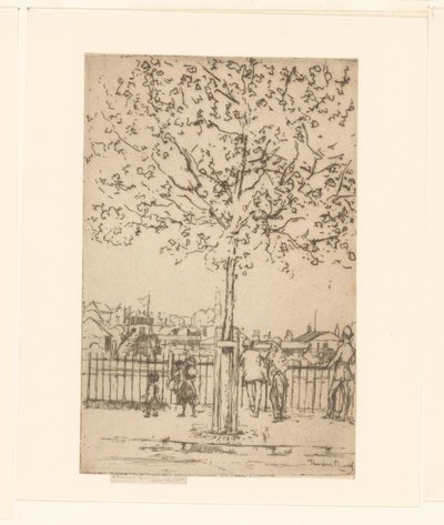 Sei figure vicino a una recinzione lungo un fiume, in primo piano un albero da Théodore Roussel (signed by artist)