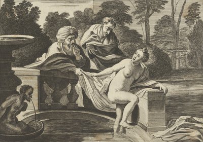 Susanna, parzialmente nuda e che esce da una fontana con due anziani a sinistra da Théodorus van Kessel