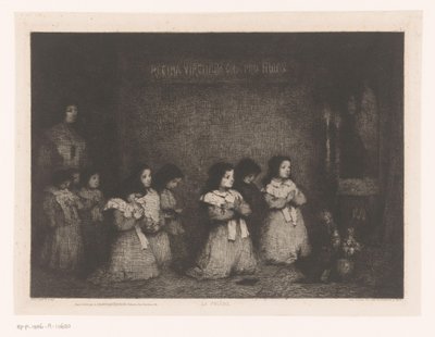 Gruppo di ragazze in preghiera davanti a una statua della Madonna da Théodule Augustin Ribot