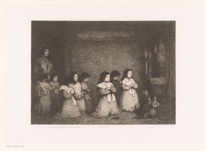 Gruppo di ragazze in preghiera davanti a una statua della Madonna da Théodule Augustin Ribot