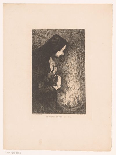 Donna in piedi che guarda un villaggio in fiamme da Théodule Augustin Ribot