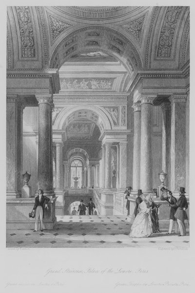 Grande Scalinata, Palazzo del Louvre, Parigi (incisione) da Thomas (after) Allom