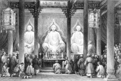 Grande tempio a Hunan, Canton, inciso da A. Willmore da Thomas (after) Allom