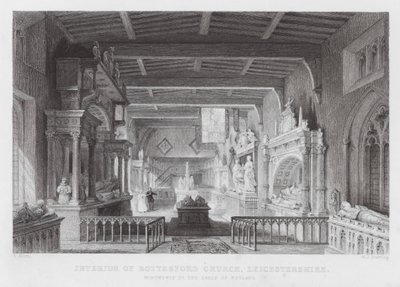 Interno della Chiesa di Bottesford, Leicestershire, Monumenti ai Conti di Rutland (incisione) da Thomas (after) Allom