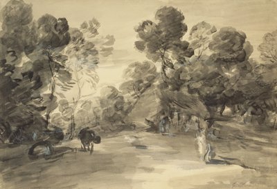 Paesaggio boscoso con figure, cottage e mucca da Thomas (after) Gainsborough