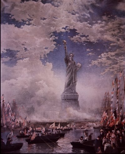 Inaugurazione della Statua della Libertà nel porto di New York, 28 ottobre 1886 (litografia a colori) da Thomas (after) Moran